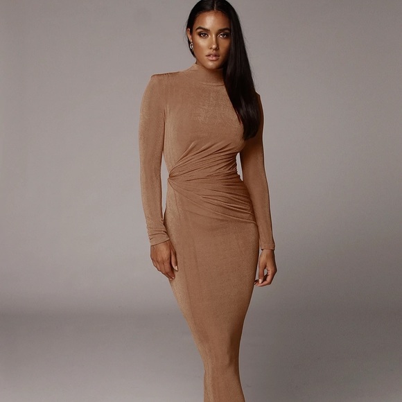 JLUXLABEL | Dresses | Brand New Tan Kara Mock Neck Dress | Poshmark